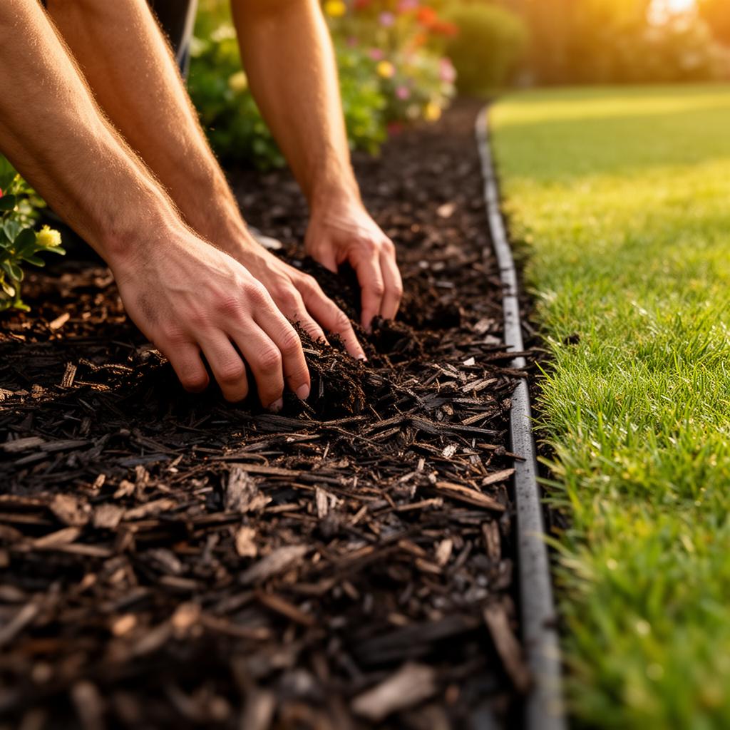 Hands laying down dark mulch with sharp clean lines